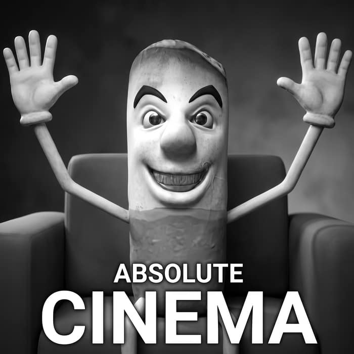 The mascot throwing both arms up from a movie theater seat, captioned below in bold letters 'ABSOLUTE CINEMA.'
