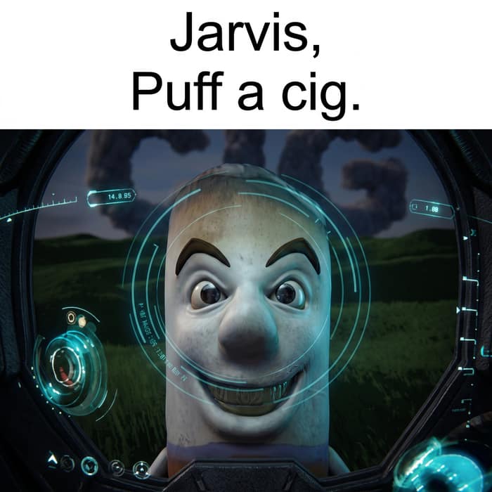 The mascot's head inside a sci-fi HUD visor over a battlefield, captioned above the frame 'Jarvis, Puff a cig.'