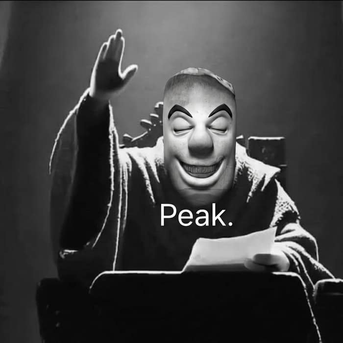 The mascot's head grafted onto a black-and-white photo of a robed figure swearing an oath, one hand raised, the word 'Peak.' captioned over the chest.