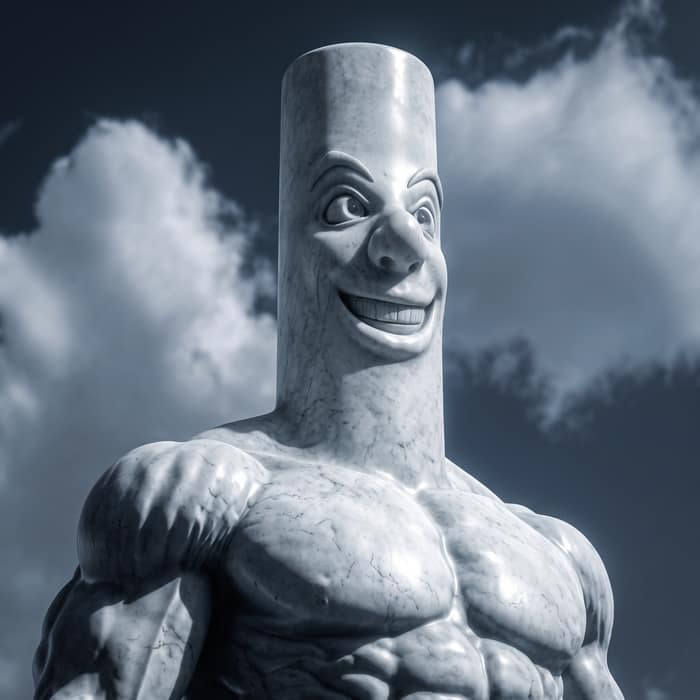The mascot's head on a hulking marble statue's muscular torso, shot from below against a stormy sky.