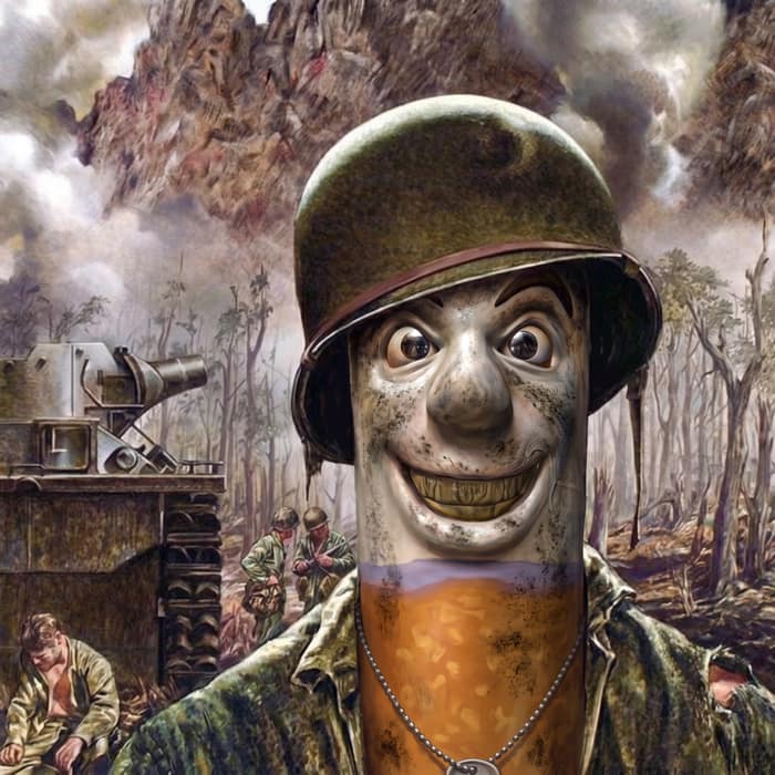 The mascot as a grinning, soot-streaked soldier in a helmet and dog tags, dropped into a WWII battle painting.